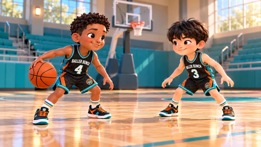 Marcus and Jin playing basketball in their away jerseys